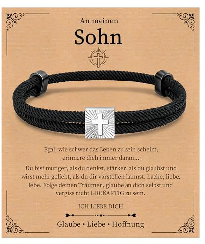 FLHEART Kreuz Armband Geschenke für Jungen Sohn - Verstellbares Schwarz Segeltau Armband mit Kreuz, Christliche Armbänder für Männer, Ostern Geburtstag Weihnachten Firmung Geschenke für Jungs Sohn