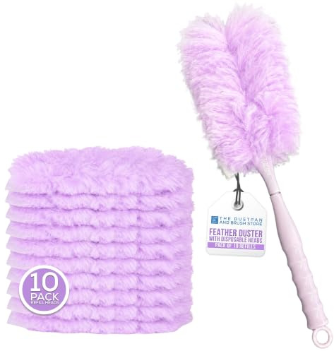 Purple Feather Duster with 10 Pack Microfibre Refill Heads, Reusable Handle with Hanging Eye, Feather Dusters for Cleaning Home Furniture, Window Blinds, Office Desk - Fluffy Duster on a Stick