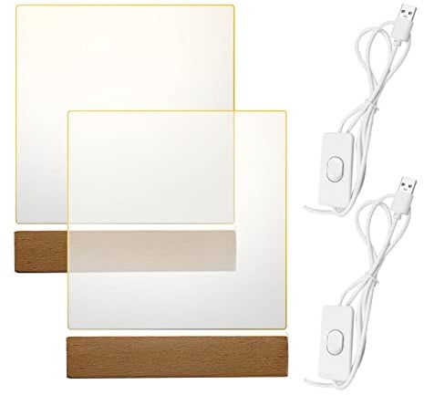 JOJOCY 2 bases de luz LED de madera con 2 placas acrílicas, soporte rectangular de madera de color cálido para placa de cristal acrílico, arte de resina