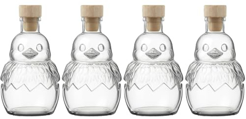 Flaschenland 4 Glasflaschen in Kükenform 200 ml mit Holzgriffkorken, originelle Likörflasche aus Klarglas, Ideal für Eierlikör, Ostern und andere Feste, spülmaschinenfest, kälte- & hitzebeständig