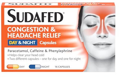 Sudafed Congestion & Headache Relief Day & Night Capsules, Relieves congestion and Helps fight Head Cold, Specifically Formulated for during the day and night, pack of 16