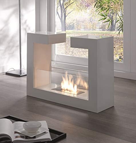 STONES HOME FURNITURE, Camino a Bioetanolo da Pavimento, Senza Fumo, Bruciatore in Acciaio da 1,5 l, Durata Fiamma 3 ore, Modello Tete a Tete, Colore Bianco con Vetro Temperato, 78 x 25 x h 58 cm