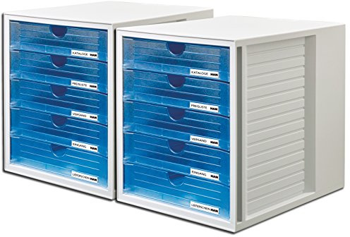 HAN Schubladenbox SYSTEMBOX 1450 mit 5 geschlossenen Schubladen für Formate bis C4 (Transluzent-Blau / 2 Boxen)