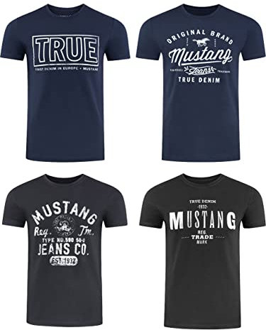 MUSTANG Tshirt Herren Baumwolle Regular Fit 4er Pack Set Rundhals Kurzarm Sommer Tee Shirt Logoprint, Größe:L, Farbe:Pack 1