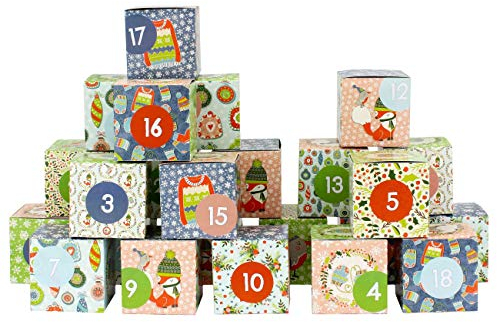 Papierdrachen DIY Adventskalender zum Befüllen - Kisten Set - Motiv Cozy Christmas - 24 bunte Schachteln aus Karton zum Aufstellen und zum Befüllen - 24 Boxen - Weihnachten 2020