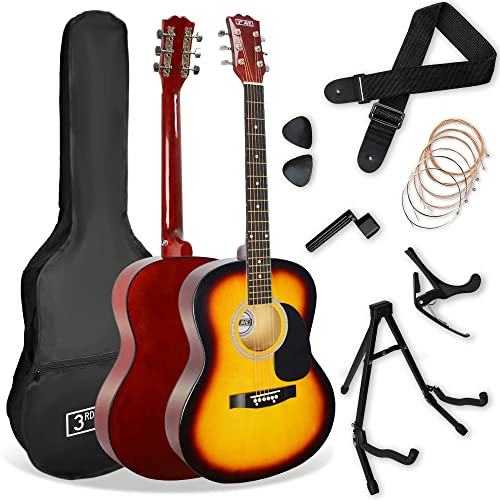 3rd Avenue 4/4 Westerngitarren-Set in Normalgröße mit Stahlsaiten, für Anfänger – Gigbag, Plektren, Ersatzsaiten, Ständer, Gurt, Kapodaster – in Sunburst