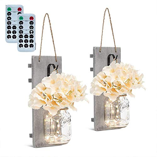 Mason Jar Wall Sconces LED Fairy Lights Remote Control, Vintage Retro Wooden Board Bottle LED String Light Home Kitchen Patio Garden Hanging Decoration(2 Pack) (Remote Control)