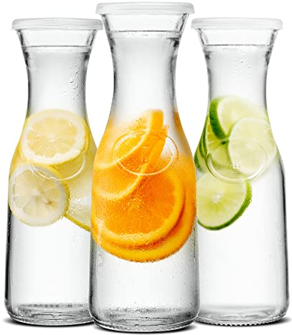 KooK Glass Carafe, Mimosa Bar Supplies, Carafe Pitchers with Lid, Set of 3, Glass Water Pitcher, Drink Dispensers for Parties, Tea, Wine, and Juice, Plastic Lids, Dishwasher Safe, 35 oz