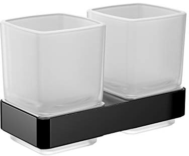 Emco Loft Doppelglashalter mit 2 Gläsern zur Wandmontage, eleganter Zahnbürstenhalter aus Aluminium und Kristallglas, hochwertiger Zahnputzbecher, schwarz matt und satiniert, 18 cm