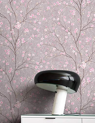 NEWROOM Tapete Grau Vliestapete Blumen - Blumentapete Floral Rosa Kirschblüte Bäume Blätter Tropisch inkl. Tapezier-Ratgeber