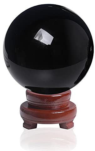 LONGWIN 120 mm große schwarze Kristallkugel Fengshui-Kugel, Heimdekorationen, Meditations-Ornamente mit drehbarem Holzständer