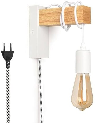 B·LED BARCELONA LED BarcelonaLED Applique murale avec câble interrupteur et prise Suspension en bois naturel Douille E27 Blanc Style vintage Rétro nordique
