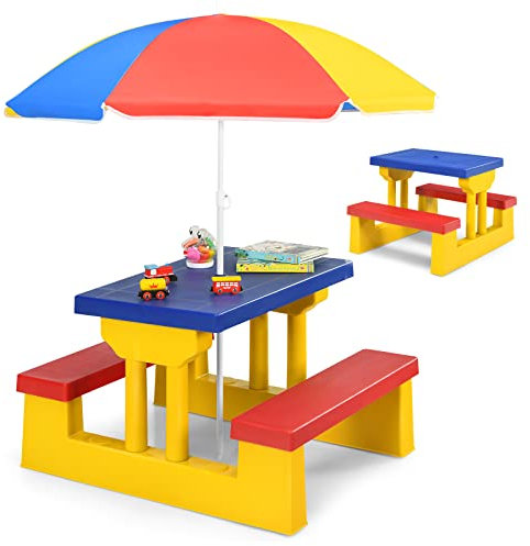 RELAX4LIFE Set Tavolo e Sedie per Bambini, Set Mobile da Esterno con Ombrello Parasole da Esterno, Tavolino e Panche da Giardino Terrazzo Balcone, Mobile da Picnic e BBQ (Modello 2)