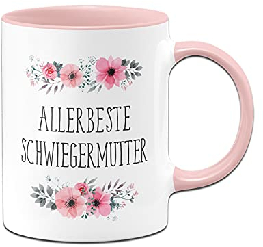 Tassenbrennerei Original - Tasse mit Spruch Allerbeste Schwiegermutter mit Blümchen als Geschenk für Schwieger-Mama (Rosa, Schwiegermutter)