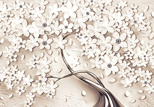 decomonkey Fototapete Blumen Baum 350x256 cm Tapete Fototapeten Vlies Tapeten Vliestapete Wandtapete xyz Wand Wandbild Schlafzimmer Wohnzimmer Abstrakt Beton Blüten Modern Ornament Rosé 3D Effekt