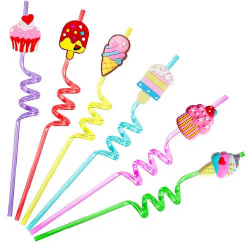 Reusable Ice Cream Straws Party Favors Supplies,24Pcs Plastic Cupcake Fun Cute Long Crazy Silly Spiral Drinking Straws for Kids Birthday Hawaiian Beach Cocktail Luau Party Decorations 1 Cleaning Brush