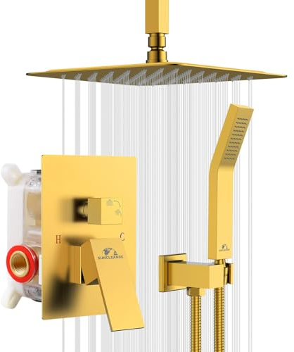 SunCleanse Rainfall Shower Faucet Set Brushed Gold Shower Combo Set for Bathroom with High Pressure 10 inch Shower Head with Handheld Shower Valves Shower Head and Handheld Ceiling Mounted