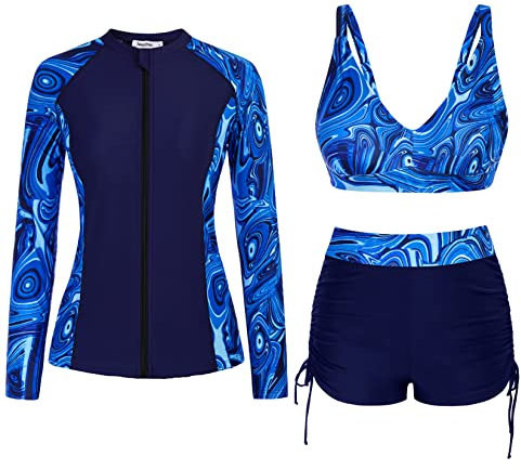 JASAMBAC Plus Size Womens Long Sleeve Front Zip Rash Guard Sun Protection Printed Surfing Swimsuit Shirt Bathing Suit XXL Waves Floral