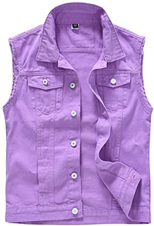 YWLINK Chaleco de mezclilla sin mangas para hombre, clásicos, chaleco vaquero para exteriores, para tiempo libre, chaqueta de motorista, chaleco vaquero para hombre, chaleco de senderismo, A-lila, L
