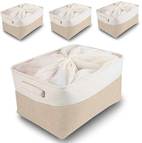 Mangata Jumbo Canvas Storage Box Fabric Storage Basket 4Pcs with Handles & drawstring for Cupboards, Shelves, Clothes, Toys (Extra Large, Foldable, Light Khaki White)
