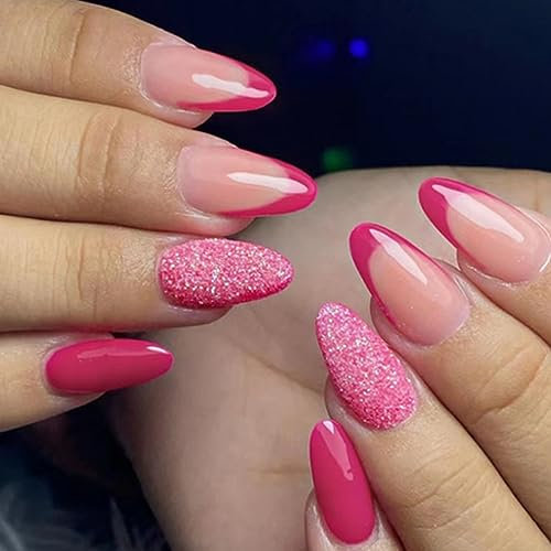 AKOFIC 24 Pièces Faux Ongles Court Amande, Faux Ongles à Coller French Manucure, Glazed Rouge Nude Press on Nails avec Gel Pad Ongles, Brillant Faux Ongles Reutilisable Sans Colle pour Femmes