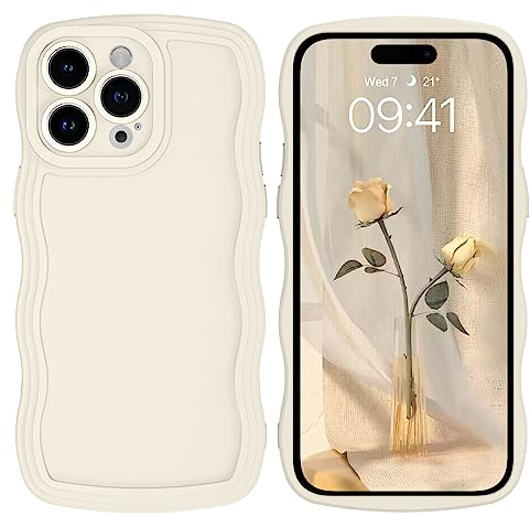 DOMAVER Hülle für iPhone 14 Pro, Niedliche Lockige Wellen Rahmenform Handyhülle 6,1'' Case, Schutzhülle für Mädchen und Frauen, Beige