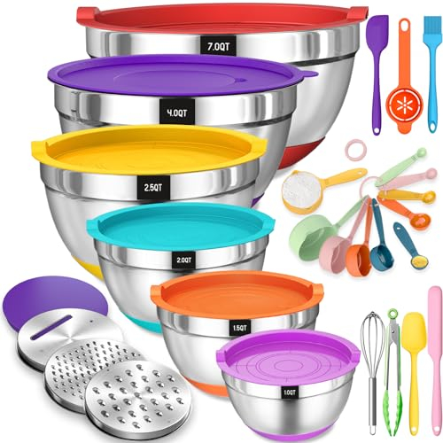 Terlulu Juego de 6 cuencos para mezclar, de acero inoxidable, con tapa hermética y base de silicona, 3 cabezales de rallador, 6,6 L, 3,8 L, 2,4 L, 1,9 L, 1,4 L, 0,6 L, multicolor