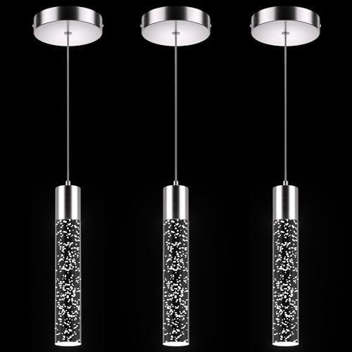 Esfos Pendant Lights Kitchen Island, 6500K Modern Kitchen Island Lights Brushed Nickel, 3 Pack Ceiling Lighting Fixtures with Crystal Bubble, Integrated LED Hanging Light for Dining Room Restaurant