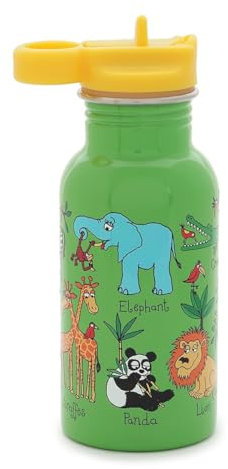 Tyrrell Katz Kids Jungle Printed Drinking Bottle in Green with Straw - Stainless Steel Dishwasher Safe Children's School Water Flask - 400 ml