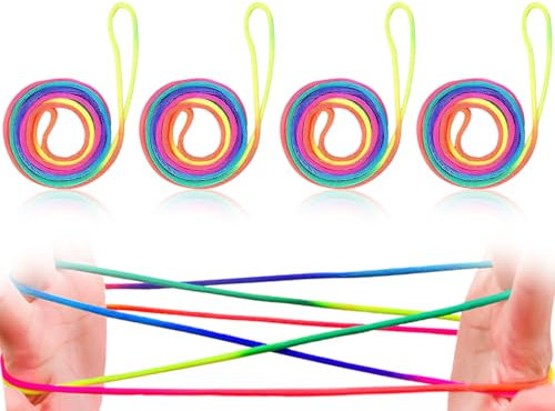 KAPSING Lot de 4 jeux de fils, jeu de doigts, jeu de fil torsadé pour enfants, corde arc-en-ciel de 1,6 m x 3 mm, jeu de doigts, jeu de fil, petit cadeau pour garçons et filles