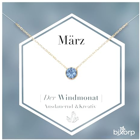 Bixorp Geburtsstein Halskette mit Zirkonia-Anhänger März - Edelstahlkette mit rundem Zirkonia-Kristall - März/Aquamarin - Gold