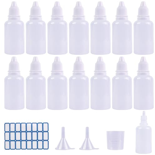BOKFJBP 15 Pack 30ml Plastic Dropper Bottle, Resealable Empty Squeezable Eye Bottles Small Squeeze Liquid with Label Funnel Measuring Cup Hold Accurately for Liquid Ketchup Mustard Olive Oil and More