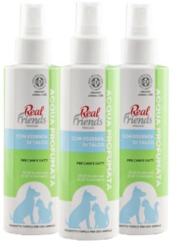 Real Friends Duftwasser mit Talkumessenz, 3 x 125 ml, Parfüm für Hunde und Katzen, ohne Alkohol und ohne Gas, ICEA-Zertifizierung, hergestellt in Italien