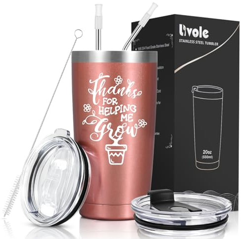 Livole Gifts for Teacher End of The Year, Thank You Teacher Gifts for Women, Thanks for Helping Me Grow, Funny Gift for Teachers, 20oz Double Walled Coffee Mug, 600ml Insulated Cup with Straw and Lid
