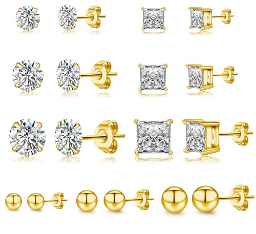 PABBEU 9 Paar Ohrstecker Gold Hypoallergen Ohrringe Gold 5A+ Zirkonia Klein 14K Gold Ohrringe Zierlicher Knorpel Goldene Ohrringe Damen Mädchen Set