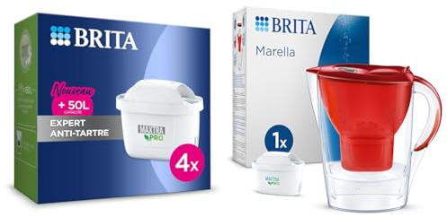 BRITA Cartouche Filtre Eau Robinet MAXTRA PRO Expert anti-tartre - Pack de 4 & Carafe Filtrante BRITA Marella Blanche (2,4l) incl. 12 cartouches filtre eau robinet MAXTRA PRO