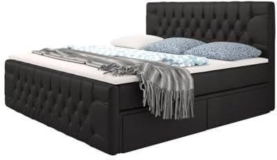 Boxspringbett Sognare 200x200 Doppelbett Polsterbett Bett mit Stauraum | Bezug: Kunstleder | Farbe: Schwarz | Härtegrad: H3 (70-100kg)