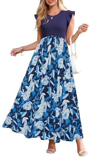OUGES Sommerkleid Damen Lang Rüschen Maxikleid Elegant Sommer Kleid mit Taschen