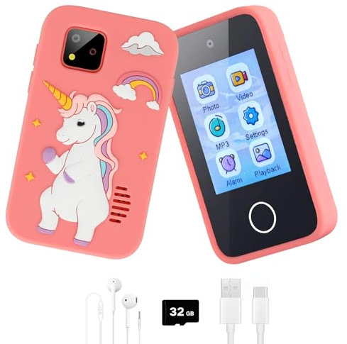 PTUI Kids Smart Phone for Girls - with 32G SD Card for 3 4 5 6 Year Old Girls MP3 Music Player with Dual Camera, Alarm Clock Kids Toy Phone Learning Toys for Christmas Birthday Gifts (Pink)