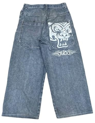 ORANDESIGNE Jeans Y2K Homme Taille Basse Printed Pants Pantalon Unisexe Pantalon Cargo Décontracté Imprimé Hippie Streetwear Z03 Bleu L