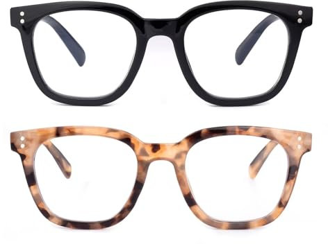 SKYWAY 2er-Pack Lesebrille für Damen Herren-Computerlesebrille mit Blaulichtfilter-Übergroße Quadratische Lesebrille mit Federscharnier-Blendschutz/Augenbeschwerden (Schwarz/Braun Schildpatt,1.5)