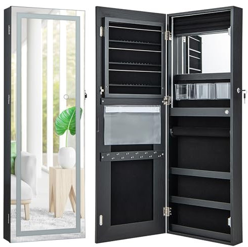 RELAX4LIFE Mirrored Jewellery Cabinet, Door/Wall Mounted Jewelry Armoire Organizer with 3-Color LED Lights, Full Length Mirror & Makeup Mirror, Lockable Cosmetics Jewellery Storage Unit (Black)