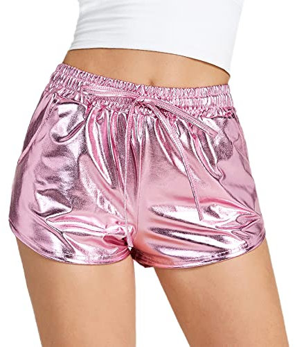 NewL Short Sexy métallique Brillant pour Femme - Taille Haute - Pantalon réfléchissant - Tenue étincelante - Taille élastique - Rave Dance Party, Rose, XX-Large