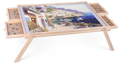 Ruication Jigsaw Puzzle Table Wooden Jigsaw Table Folding Tilting Puzzle Board With Leg Non-Slip Pad Surface for 1000 pieces 4 Sliding Drawers Storage For Adults Kids Children Boy Girl Gift