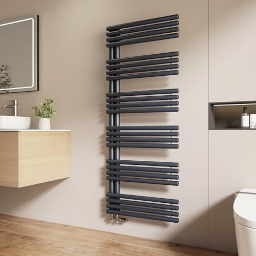 EMKE Design Rundrohr Badheizkörper 1535x600 mm, Handtuchheizkörper mit Seitenanschluss, Handtuchtrockner & Handtuch Heizkörper Bad in Anthrazit 933W