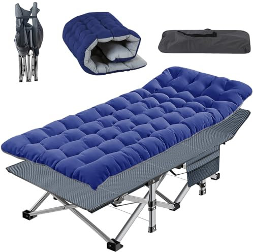 Klappbett mit Matratze 190×71×36 cm Tragfähigkeit 200 Kg Gästebett Klappbar Feldbett Camping Bett 1200D Oxford-Gewebe mit Matratze, Seitentasche für Indoor Home Outdoor Garten Camping (Blau)