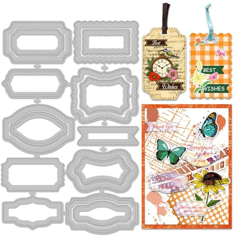 INFUNLY 16 Stück Etiketten- und Lesezeichen-Stanzformen, 10 verschiedene Designs, Metall-Stanzformen, Prägeschablonen, Vorlage für DIY-Scrapbooking, Alben, 20 cm x 11 cm