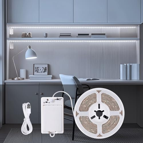 StarryEver LED Strip Bewegungsmelder mit Batterie Wiederaufladbares, 3M 90 LED Strips, Kaltweiß 6000K LED Band Bewegungssensor mit 2 Modi, LEDs Streifen Batterie für Schränke Treppen Küche Betten