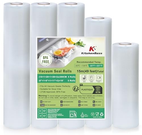 KitchenBoss Rouleau Sous Vide Alimentaire:5 Rouleaux Sac Sous Vide Alimentaire, 28x3/20x1/15x1/300 cm, Film Sous Vide Alimentaire Convient à l'Appareil Sous Vide