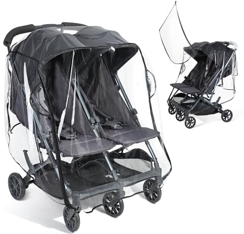 Universal Double Stroller Rain Cover, Easy Access, Durable, Clear | Compatible with Side by Side Double Stroller, Side Ventilation, Back Storage, All-Weather Protection from Rain/Snow/Dust